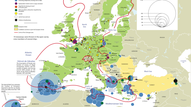 Quella pubblicata è una mappa esplicativa redatta da Olivier Clochard per MIGRINTER nel 2006 e riproposta dall’attento Max Fisher sul suo blog ospitato sul sito del quotidiano statunitense “Washington Post”. Insieme ad altre 39 rappresentazioni Fisher punta a spiegare analiticamente e con dati crudi i fatti che si sono susseguiti nel corso dei secoli, dall’avanzata dei Mongoli nel 13° secolo sino ai complessi accadimenti del mondo odierno. Questa evidenzia le morti di migranti e profughi che hanno tentato di entrare nella Fortezza Europa nella speranza di una vita migliore, lasciandoci invece la pelle. La mappa non è sicuramente aggiornata […]