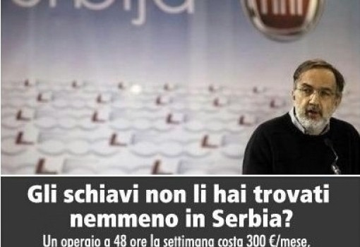 dal grandecocomero.com Nei giorni dell’addio in pompa magna a Torino l’ad del Lingotto deve fronteggiare la grana dello stabilimento di Kragujevac, dove si produce la 500L. Si parla di “condizioni di lavoro inaccettabili”. Ogni operaio guadagna 350-400 euro al mese Mentre Torino celebra l’”epocale” addio della  Fiat (ma nessuna paura resteranno Maserati, Exor e pure i “colletti bianchi” nella vecchia patria della Sacra Ruota), nelle più sperdute province dell’impero della Fca globale c’è chi inizia ad alzare la voce. Persino nello stabilimento considerato fiore all’occhiello del gruppo, a Kragujevac in Serbia dove si produce la 500L, le tute blu sono in agitazione per le condizioni di […]