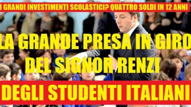 Redazione, il gangster racconta balle agli studenti,ai lavoratori della scuola. Il gangster li minaccia   “Noi ci stiamo credendo, ci stiamo lavorando, ci stiamo investendo mettendoci tanti soldi, che sono i soldi degli italiani”. Così parlò Renzi     La-BUONA-SCUOLA_-12-punti Diamogli la risposta che merita Uno studente