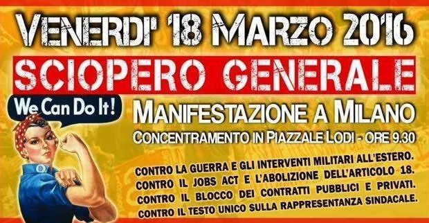 Lo sciopero riguarda numerose categorie: dai facchini della logistica ai dipendenti delle aziende di trasporto (aerei, treni, mezzi pubblici), gli  insegnanti e il personale scolastico, Le ragioni sono numerose: – continui attacchi ai diritti dei lavoratori, leggi che restringono i diritti sindacali, blocco salariale, – per la libera circolazione dei popoli ed eguali diritti agli immigranti, – contro la guerra e qualsiasi intervento militare dell’Italia in Libia o altri Paesi. Lo sciopero è anche: – contro la controriforma del sistema educativo, che sottrae risorse alle scuole pubbliche per darle alle private, e che offre ai padroni il lavoro gratuito […]