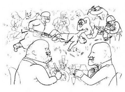 Dialogo tra due padroni: “Se i nostri nonni fossero ancora vivi sarebbero orgogliosi di noi. Loro sono stati artefici di un capolavoro: hanno utilizzato il fascismo per sottomettere gli operai e, con l’aiuto dei fascisti, hanno provocato una guerra per uscire dalla crisi del 1929. Dopo hanno messo intorno ad un tavolo i politici per scrivere la costituzione più bella del mondo che ci ha permesso di ricavare il sacrosanto profitto utilizzando le leggi che sancivano il nostro dominio. Hanno traghettato molti gerarchi del regime nella “democrazia parlamentare” e li hanno utilizzati per massacrare gli operai che si ribellavano […]