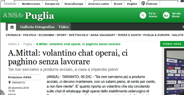 Dalla  Ansa.it Puglia del 5/12/2019