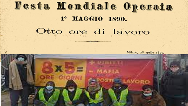 Così cantavano gli operai agli inizi del Primo Maggio. Il programma non può essere cambiato se dopo 130 anni ancora dagli USA alla Cina, dalle miniere siberiane alle fabbriche in Italia, bisogna lottare per conquistare e difendere la giornata di otto ore. Volantino del Comitato Operaio Piaggio.