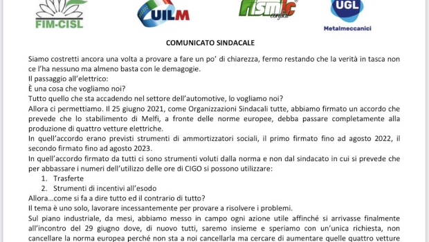 I comunicati dei sindacati firmatutto della Stellantis di Melfi non possono passare sotto silenzio, la loro boriosità è insopportabile a fronte alla condizione reale in cui versano 5000 operai grazie al loro collaborazionismo con Stellantis. 
