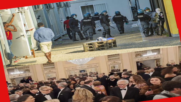 Il 7 dicembre la borghesia milanese, boriosa e pacchiana, assiste alla prima al Teatro della Scala, negli stessi giorni al CPR di via Corelli si scopre che i migranti prigionieri vengono trattati come bestie. Questo è il grado di civiltà che può vantare il loro sistema.